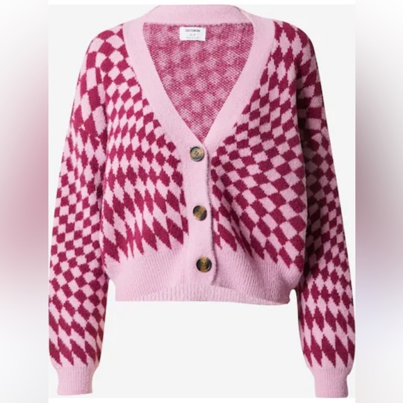 Cotton On Knit Cardigan Barbie Optical Splice Berry Sz Medium Checkered Academia - Picture 10 of 10